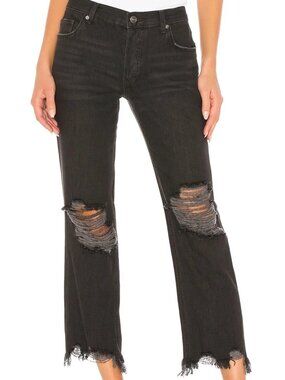 Free People Maggie Mid Rise Straight Leg Black Jeans Distressed 31